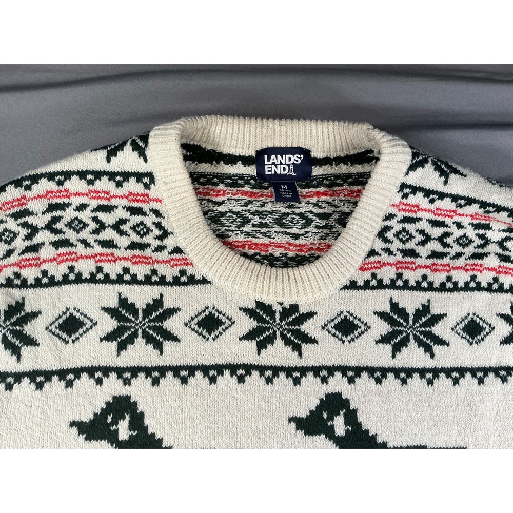 Lands End Mens Fair Isle Dog Labrador Sweater Cream Green Red M 38-40